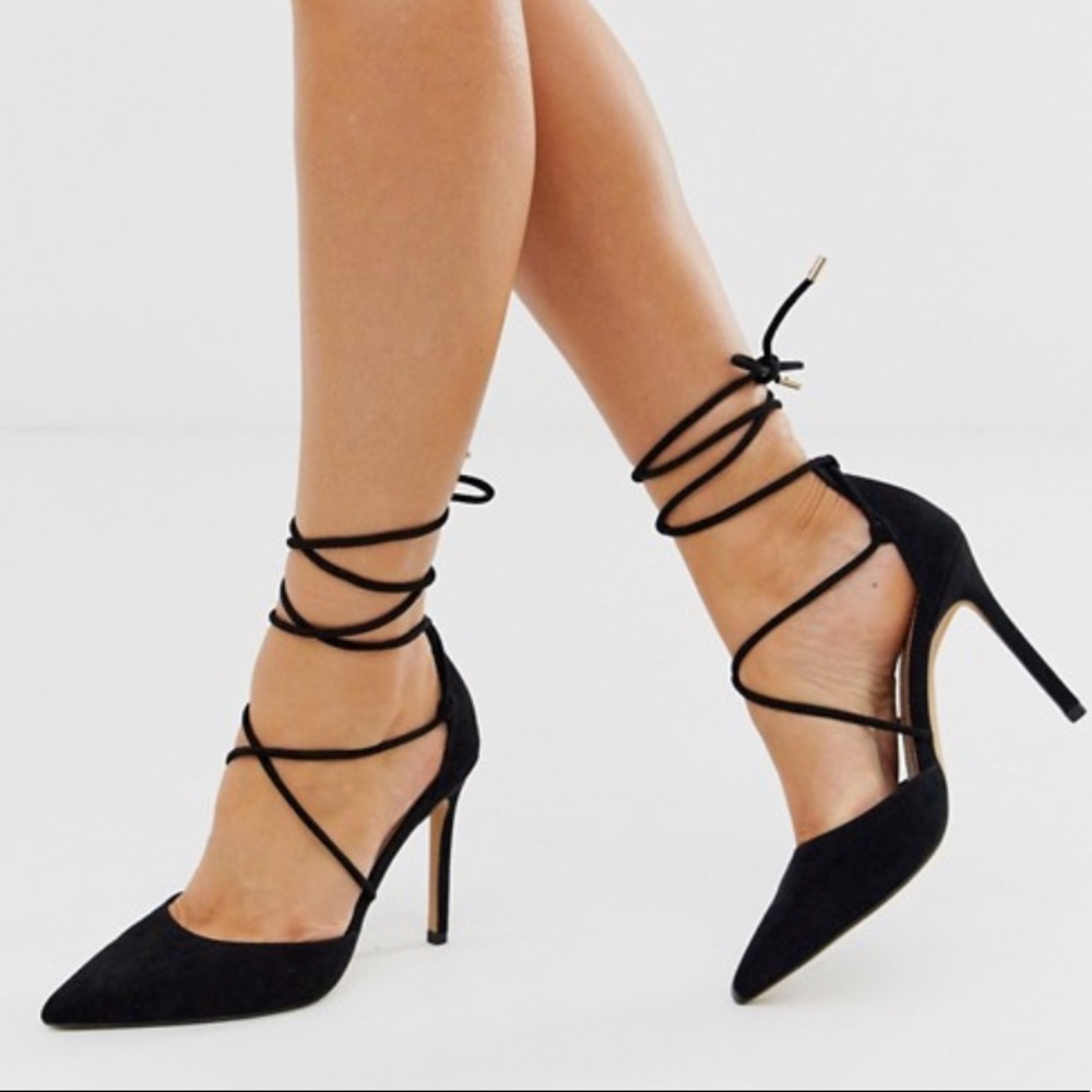 SOLD Black lace up pointed heels Size 9